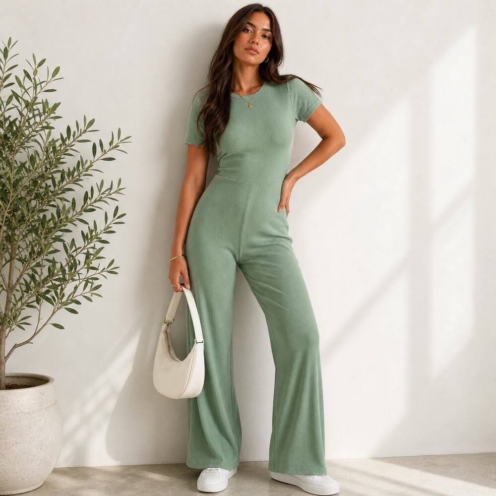 Missguided Sage Green Ribbed Wide Leg Jumpsuit Sz 2 NWT